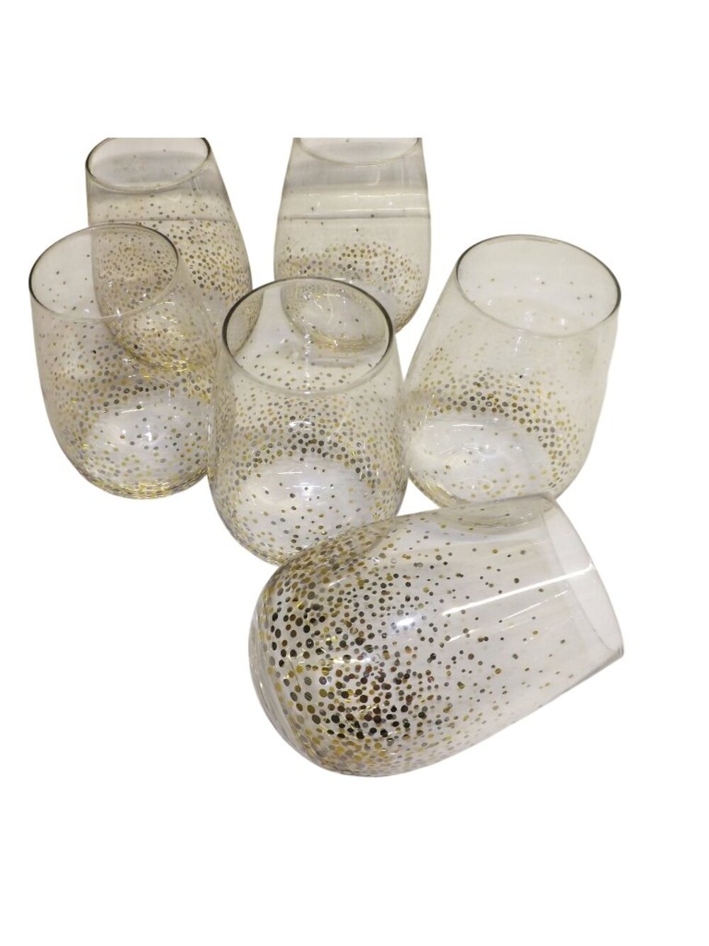 Gold Glitter Speckles Confetti Stemless Wine Glasses Set Of 6 Wedding Bridal